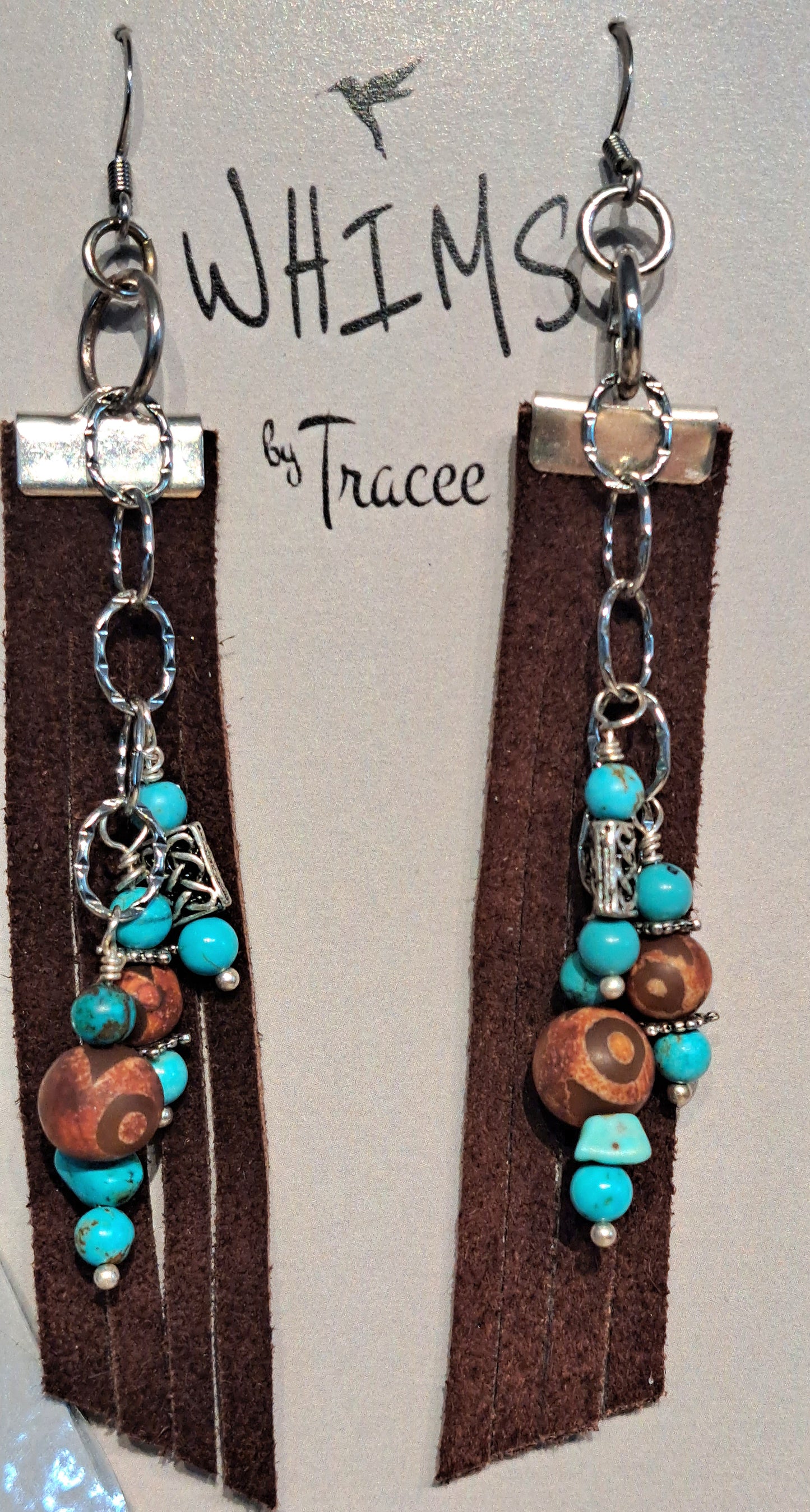 Ladies brown suede and steel necklace and earring set with turquoise and Tibetan agate