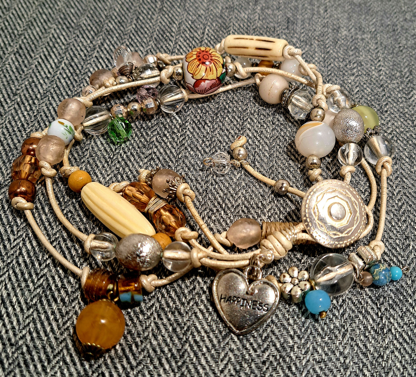CRAZY CHAIN Necklace and bracelet Ivory leather and mixed beads Bohemian inspired