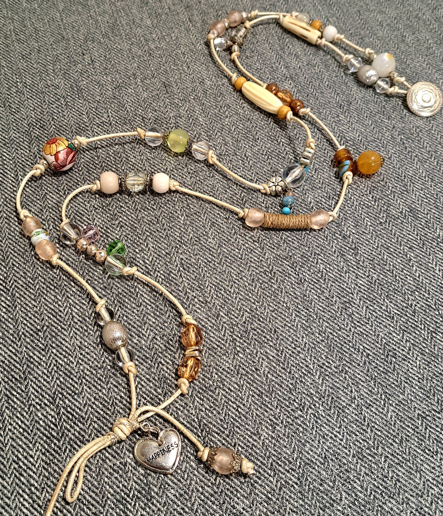 CRAZY CHAIN Necklace and bracelet Ivory leather and mixed beads Bohemian inspired