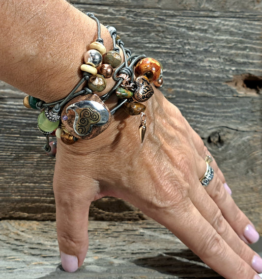 CRAZY CHAIN Grey leather with copper heart focal and mixed beads