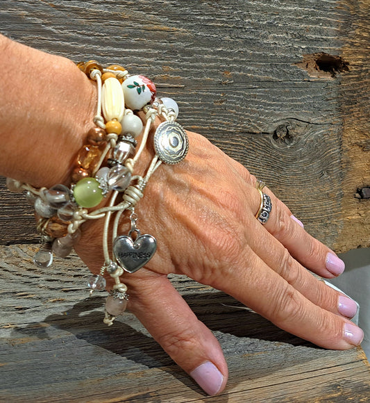 CRAZY CHAIN Necklace and bracelet Ivory leather and mixed beads Bohemian inspired