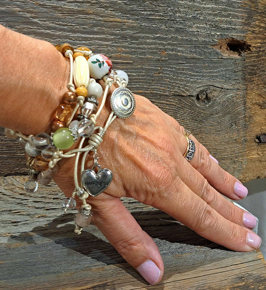 CRAZY CHAIN Necklace and bracelet Ivory leather and mixed beads Bohemian inspired