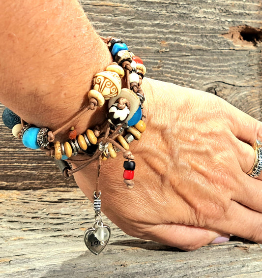 CRAZY CHAIN Necklace and bracelet Love charm focal on buff leather