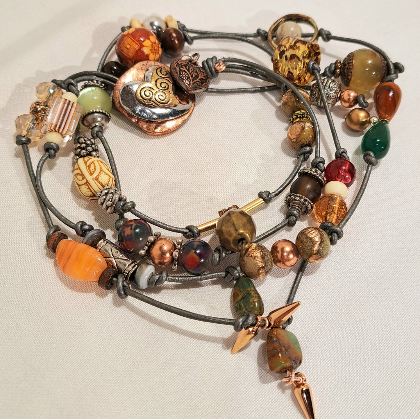 CRAZY CHAIN Grey leather with copper heart focal and mixed beads