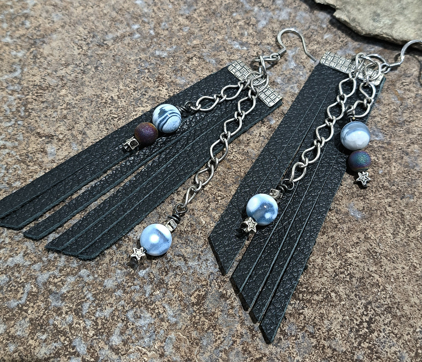Black leather fringe earrings with dangles