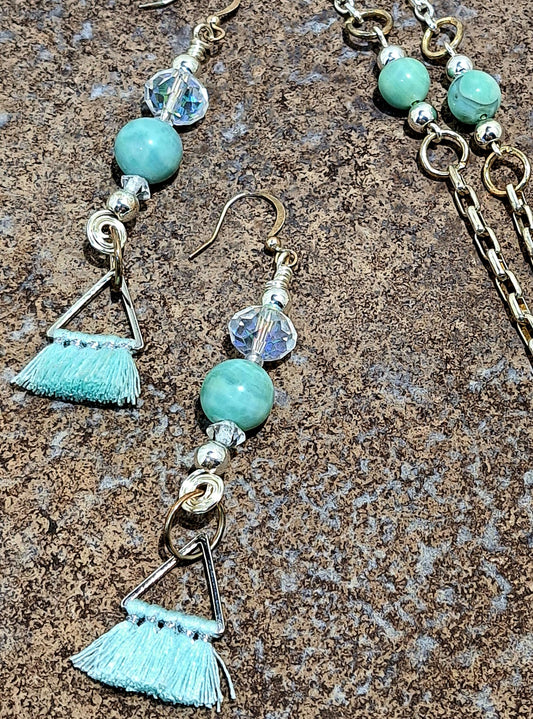 Green leaf acetate and agate necklace and earring set