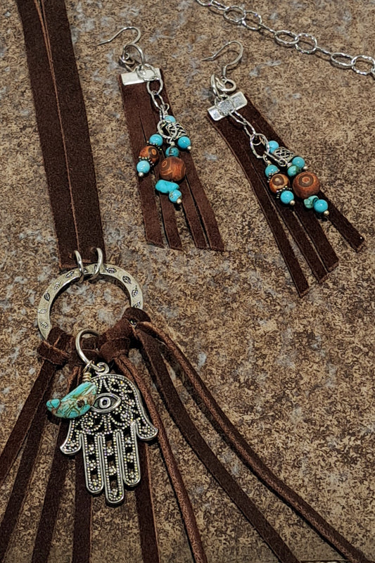 Ladies brown suede and steel necklace and earring set with turquoise and Tibetan agate