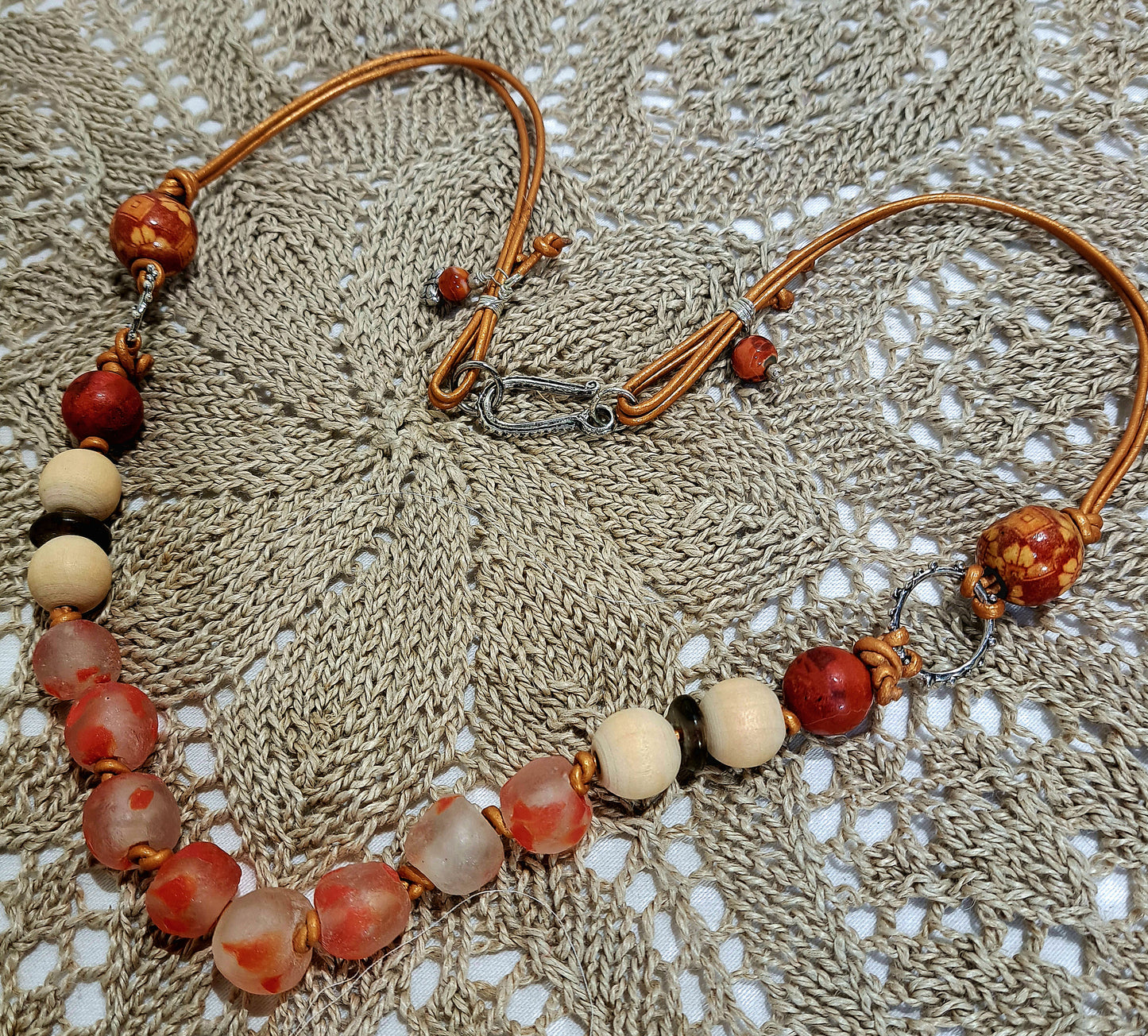 Ladies recycled African glass and wood necklace on bronze leather.