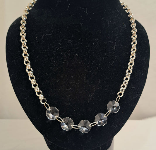 Ladies Crystal chandelier necklace on rollo silver chain and coordinating earrings set.