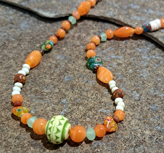 Ladies orange,ivory and green necklace