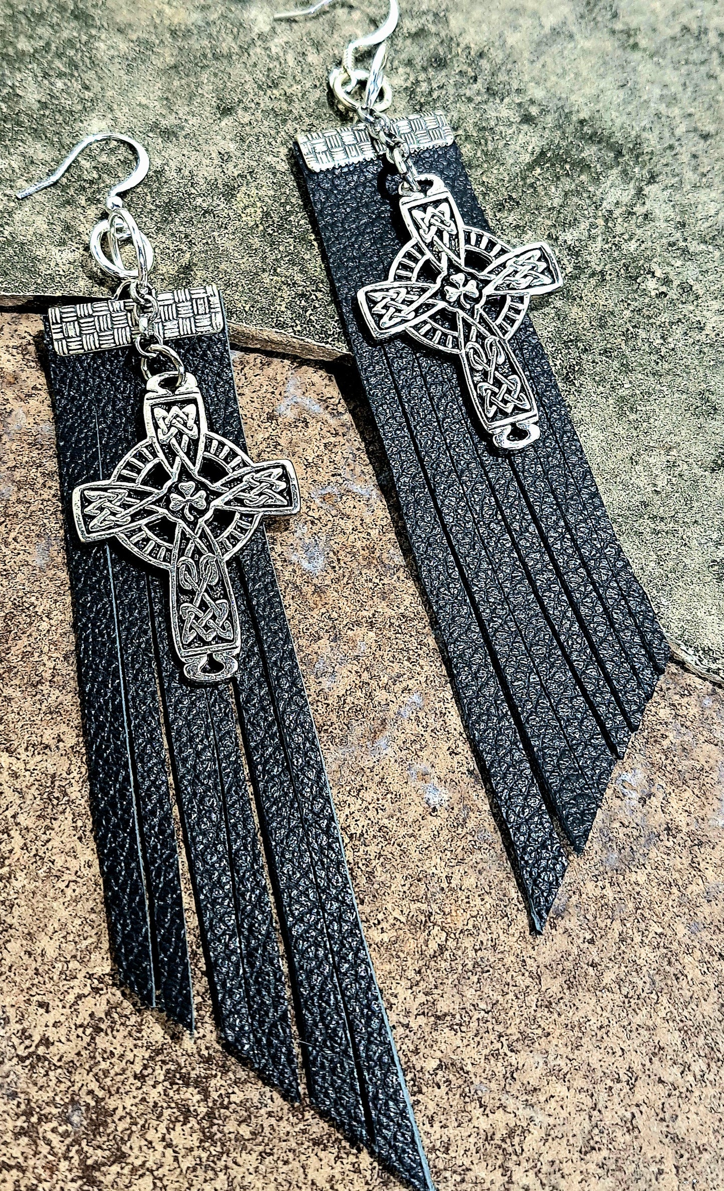 Ladies black leather fringe earring with Celtic knot cross