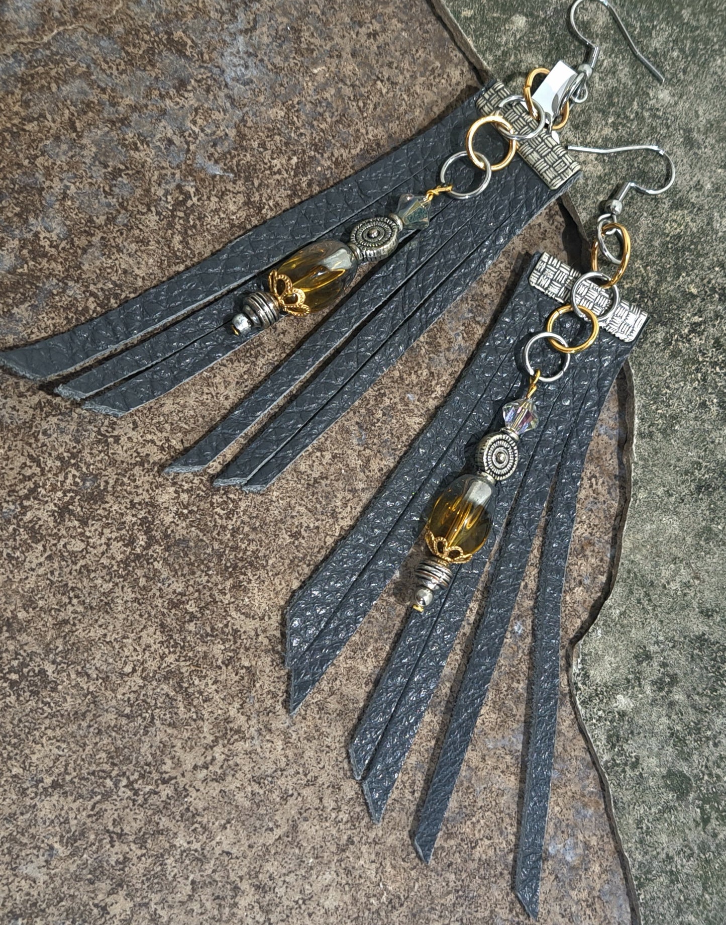 Ladies grey leather fringe earring with vintage gold and grey glass bead