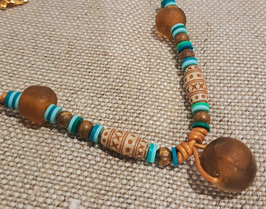 Ladies bronze leather string necklace with turquoise and African glass