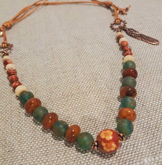 Ladies adjustable bronze string leather necklace with African glass and agate beads