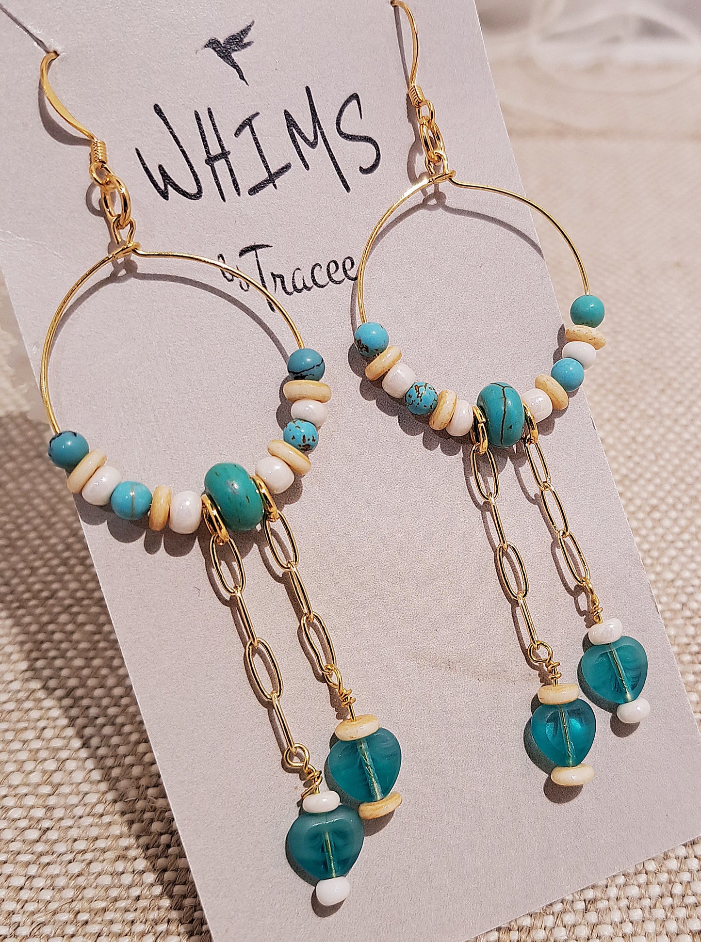 Ladies 1" gold hoops turquoise, shell beads and heart dangle.