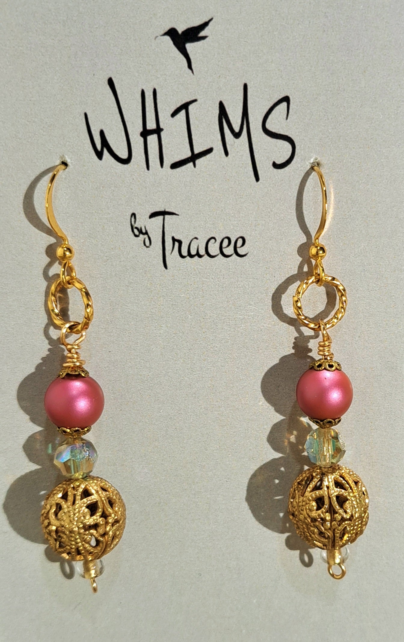 Vintage etched gold bead with pink Swarovski pearl earrings