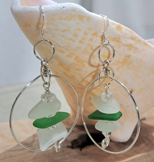 Ladies silver hoops with sea glass dangles.