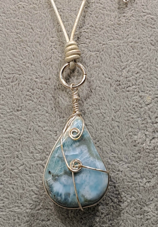 Ladies aqua leather adjustable Large Larimar focal necklace.