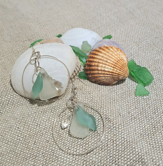 Silver hoop earrings with Sea Glass and crystal dangles