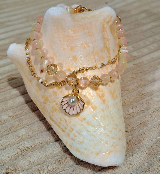 Ladies Double strand bracelet pink Selinite and beaded chain and shell Charm with pearl.