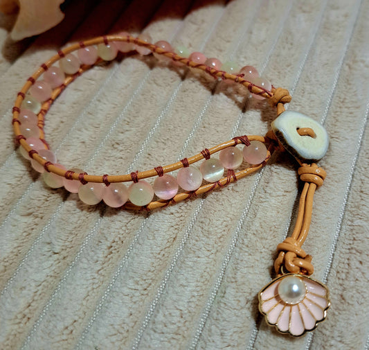 Ladies Selenite and leather ladder stitch bracelet with Shell charm
