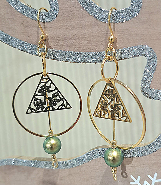 Ladies Gold Hoops earrings with floral cut triangle and Swarovski green /gold pearl.