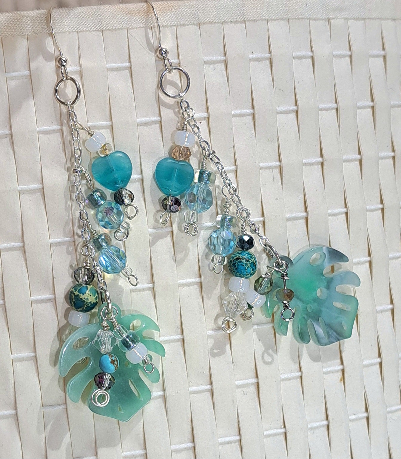 Ladies Acetate Leaf and assorted beads dangle earrings.