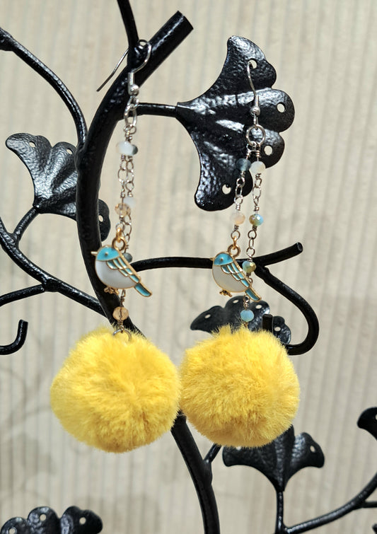 PomPom dangle earrings yellow with blue bird charm