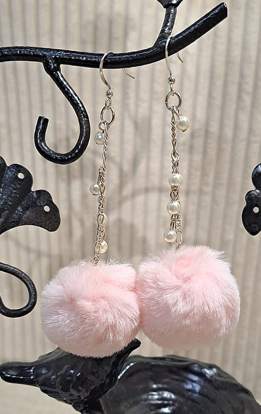 Pom Pom pink and pretty pearls dangling earrings