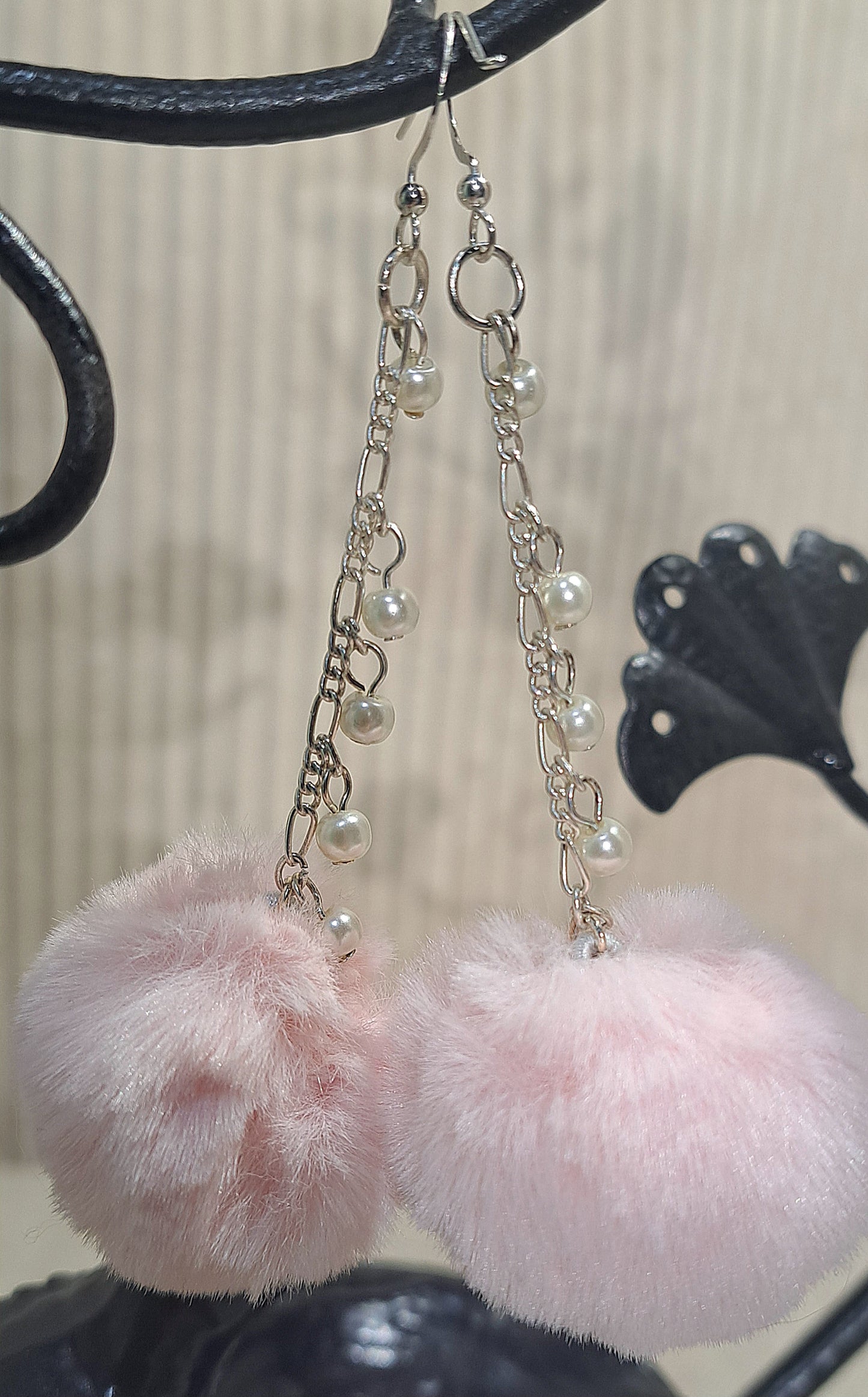 Pom Pom pink and pretty pearls dangling earrings