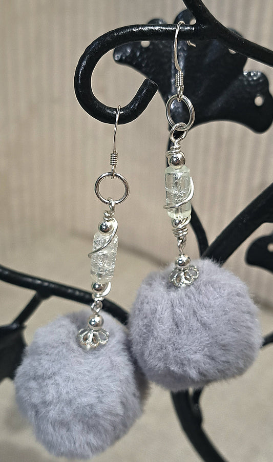 Grey Pom Pom faux fur earrings with wire wrapped bubble crystal and silver 4mm beads.
