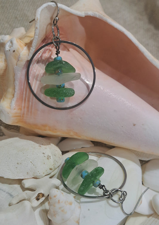 Sea Glass Earrings stacked sea Glass and Steel Hoops