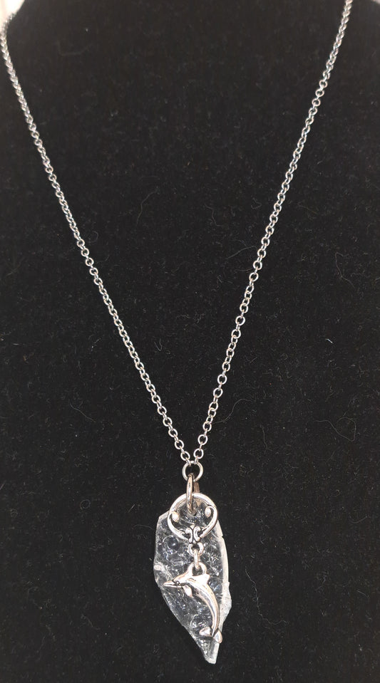 Sea Glass Necklace with Crackled Clear Sea Glass and Dolphin Pendant