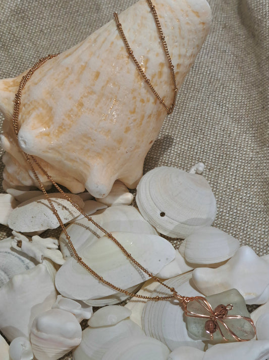 Rose Gold Ball link necklace with wire wrapped Sea Glass Pendant