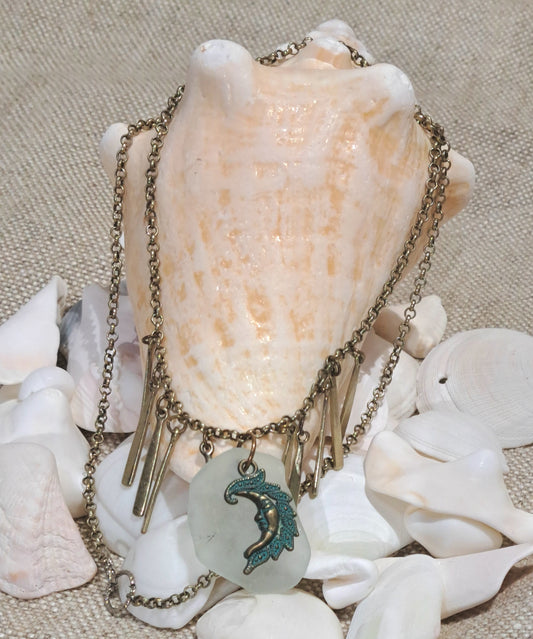 Sea Glass and Brass necklace with moon charm and brass paddle danglers.