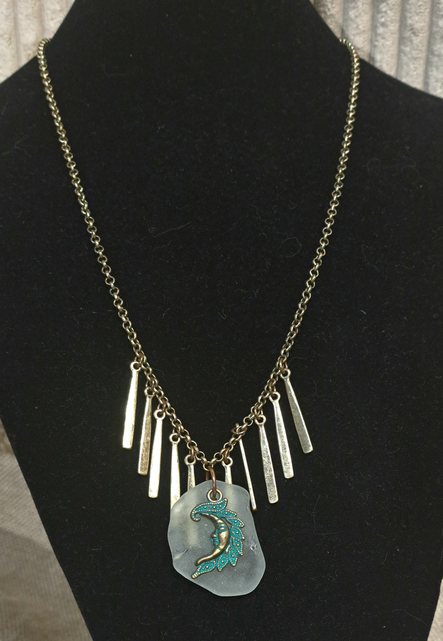 Sea Glass and Brass necklace with moon charm and brass paddle danglers.