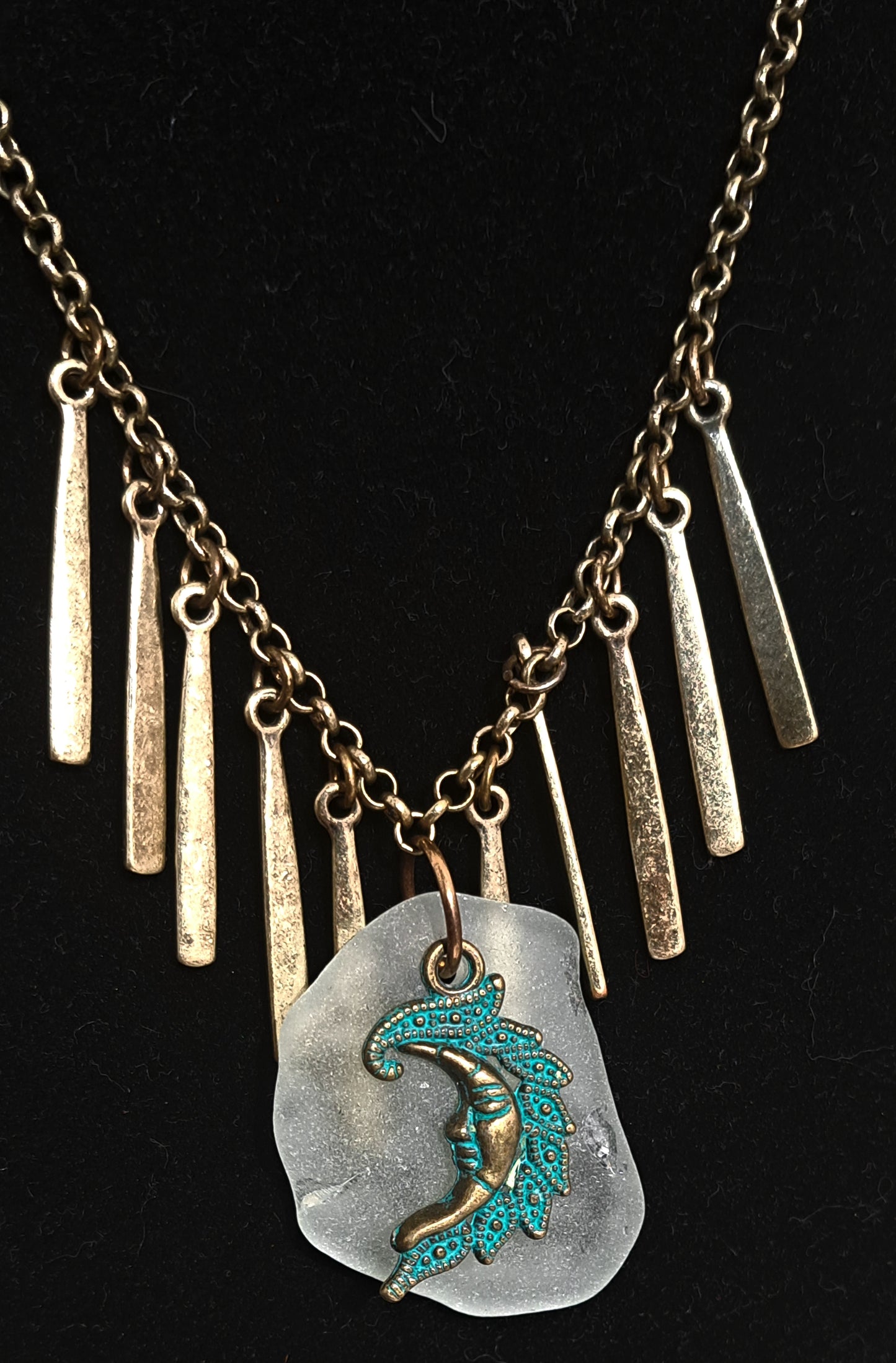 Sea Glass and Brass necklace with moon charm and brass paddle danglers.