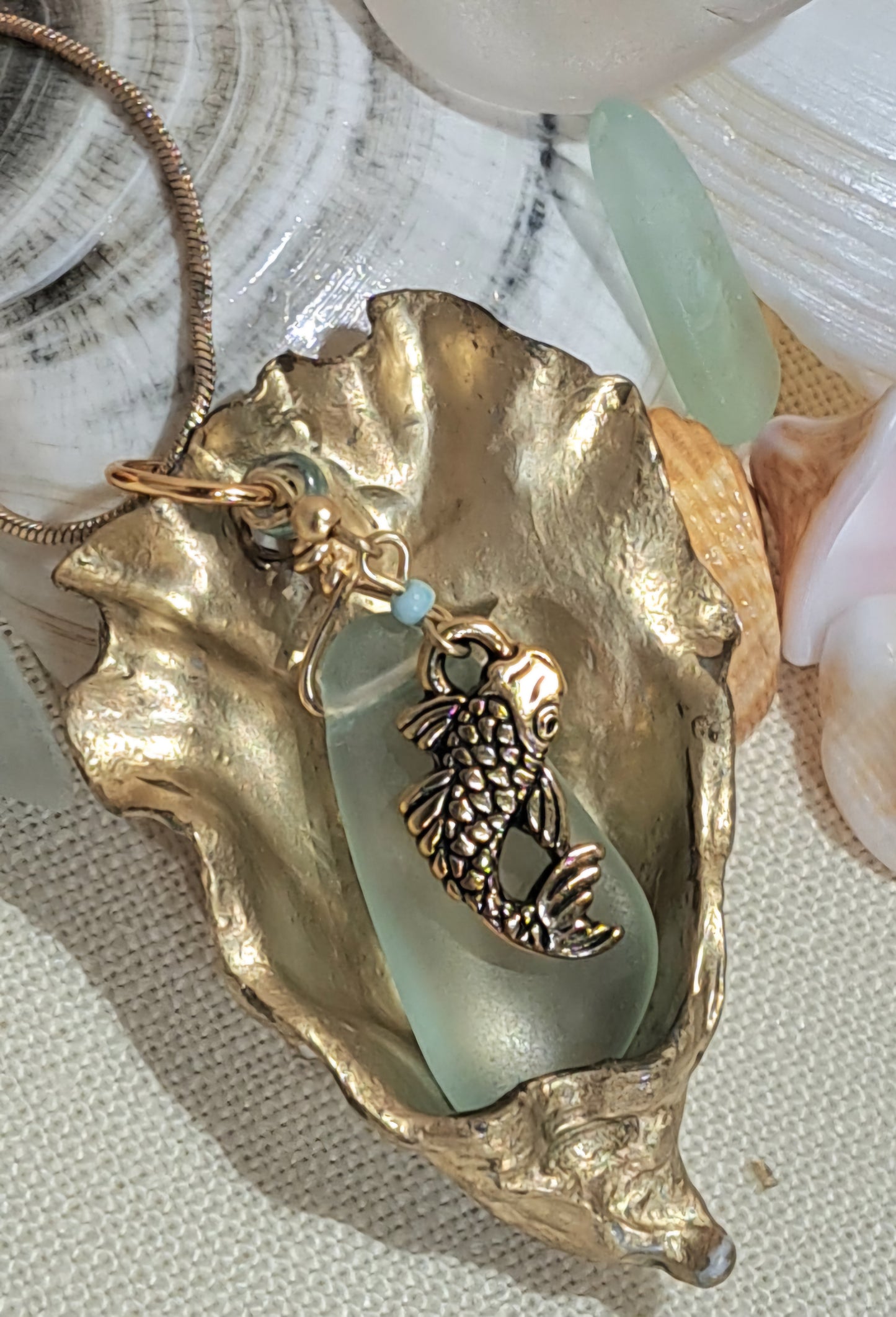 Sea Shell Pendant necklace with Sea Glass and Fish Charm.