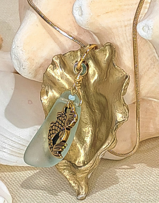 Sea Shell Pendant necklace with Sea Glass and Fish Charm.
