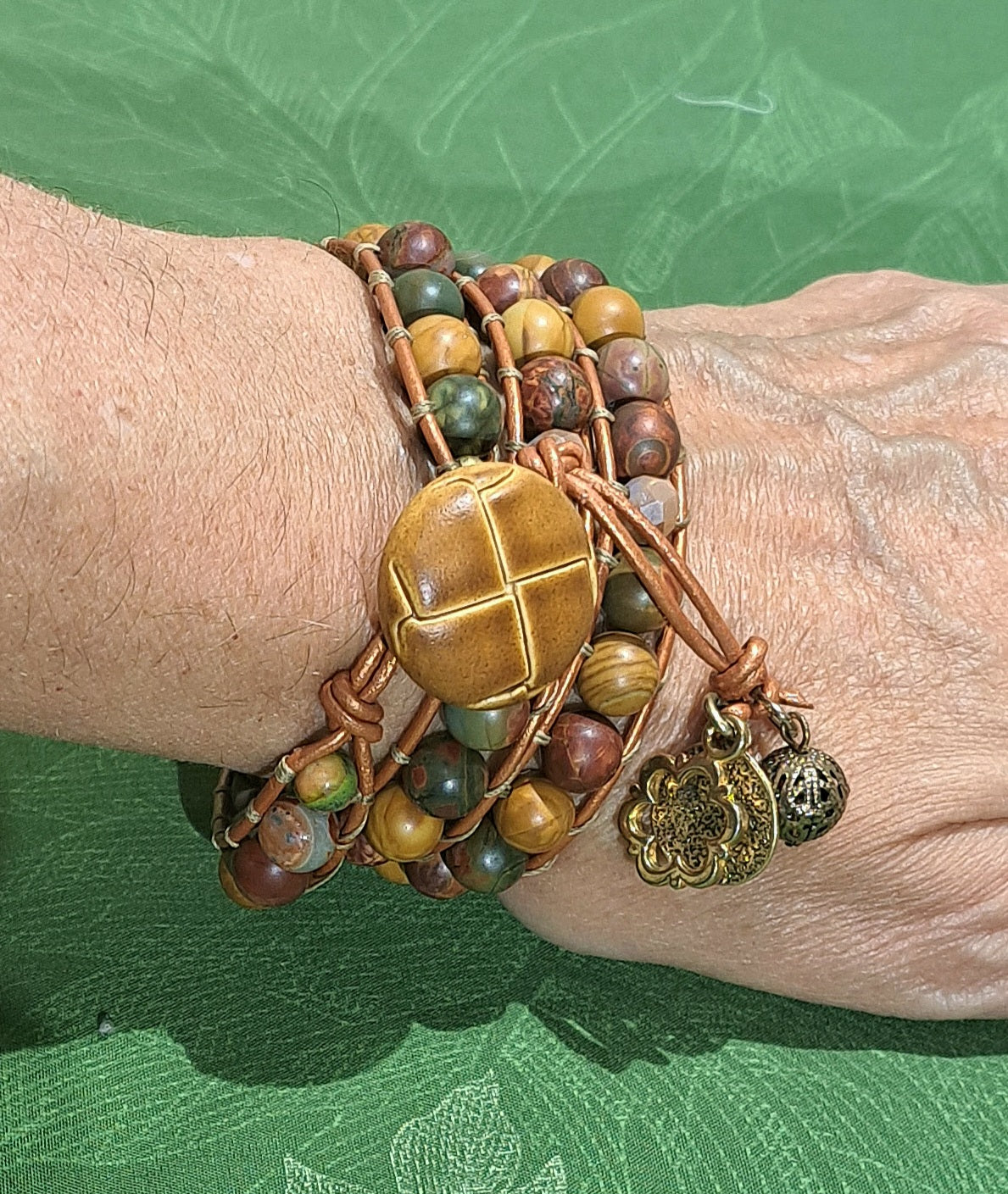 Unisex Red Creek Jasper and Leather wrap bracelet.