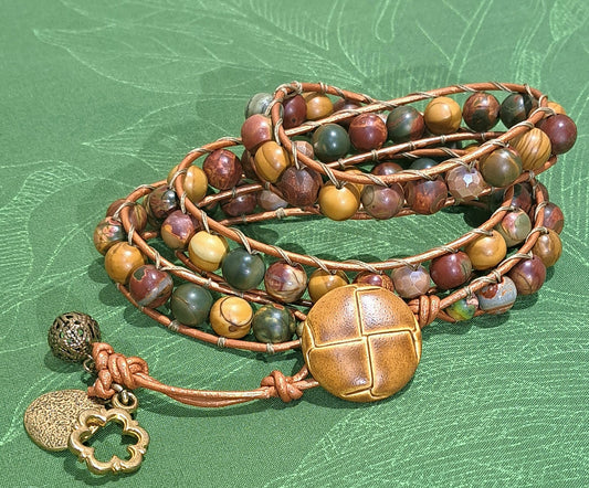 Unisex Red Creek Jasper and Leather wrap bracelet.