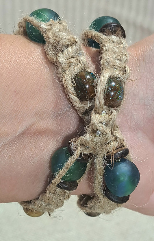 Green /Blue African recycled Glass and sparkled Storm Resin Jute wrapped bracelet.