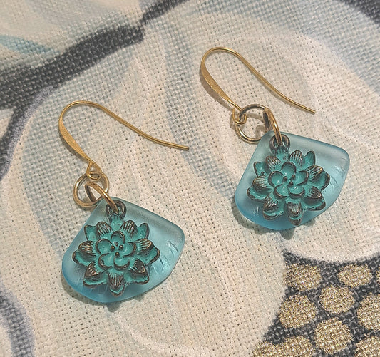 Ladies Sea Glass and Patina green brass Dahlia charm earrings