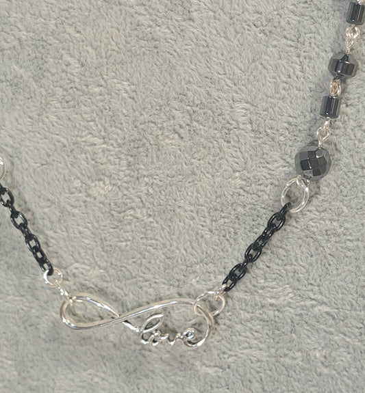 Ladies Love Charm Hematite Beaded and black chain necklace.