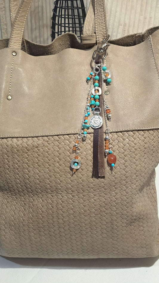 Dark Brown Leather and silver bag charm with carnelian and turquoise.