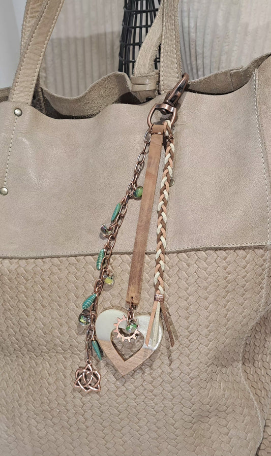 Brown leather and green Czech glass bag charm with large acetate and walnut heart