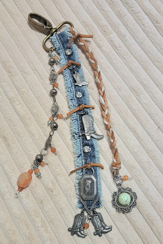 Denim western inspired bag charm.