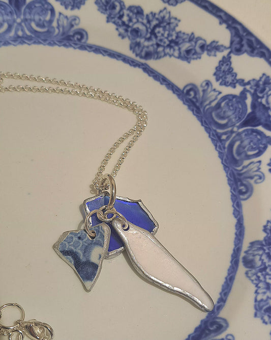 Three piece blue and white Sea Glass and shell necklace.