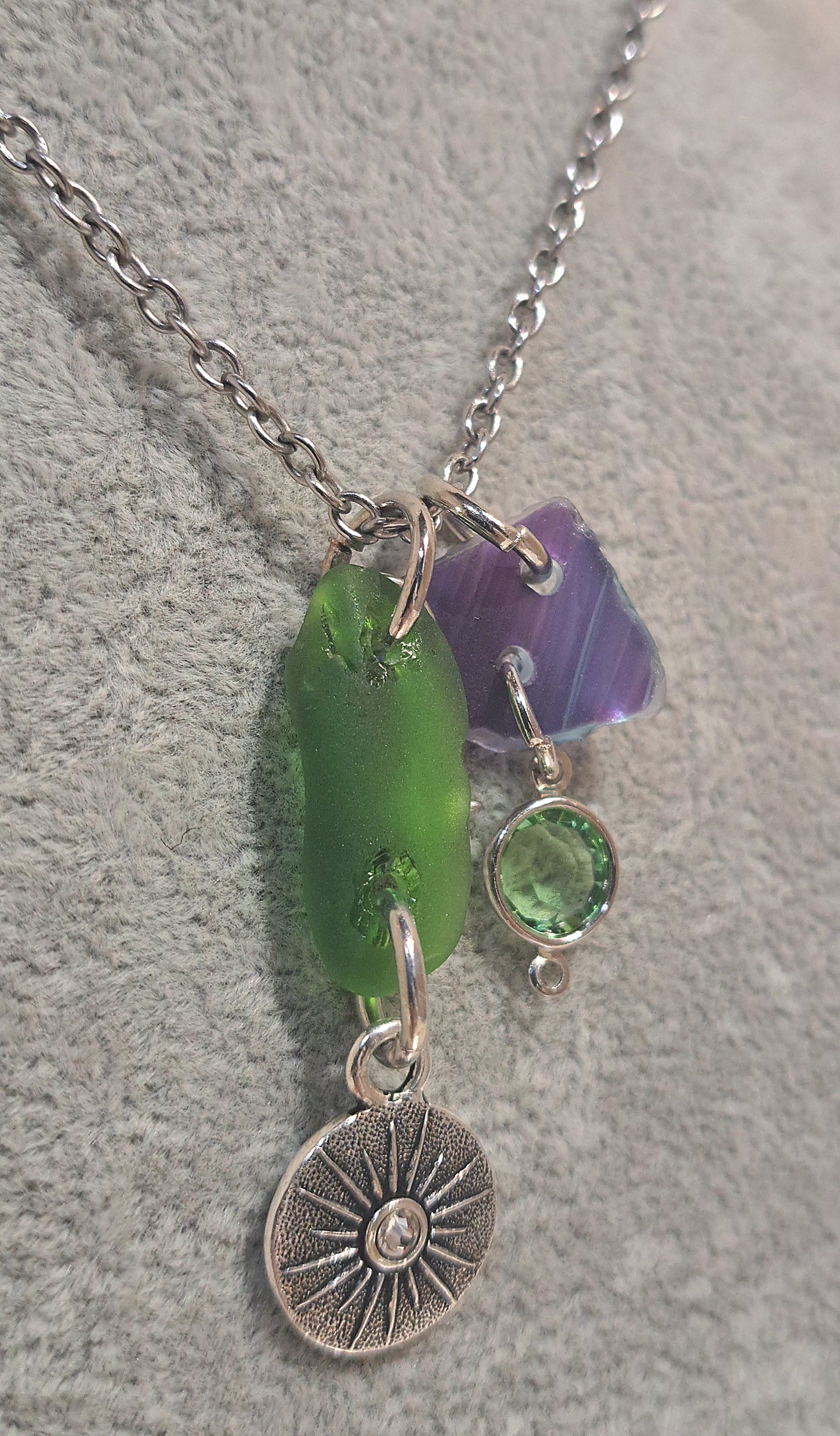 Two piece sea glass necklace with moon and star charm.
