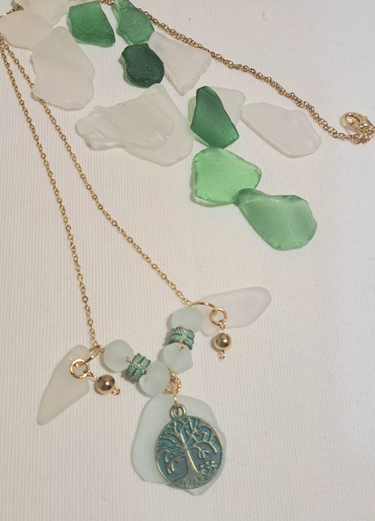 Tree of Life and sea glass pendant necklace with African recycled glass and copper spacers.